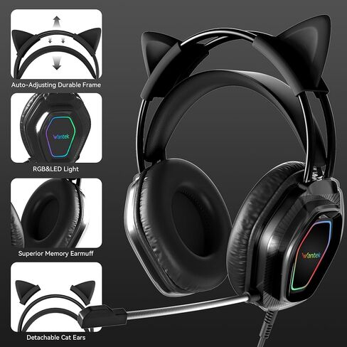 Wantek Cute Cat-Ear Gaming Headset - 50mm Drivers, Noise-Cancelling Mic, 3.5mm Wired Stylish & Lightweight Design (Black) in Kuwait