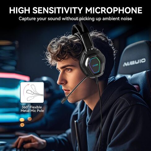Wantek Cute Cat-Ear Gaming Headset - 50mm Drivers, Noise-Cancelling Mic, 3.5mm Wired Stylish & Lightweight Design (Black) in Kuwait