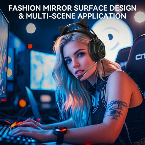 Wantek Cute Cat-Ear Gaming Headset - 50mm Drivers, Noise-Cancelling Mic, 3.5mm Wired Stylish & Lightweight Design (Black) in Kuwait