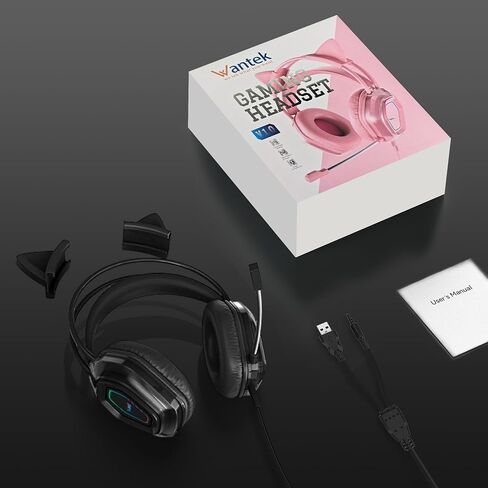 Wantek Cute Cat-Ear Gaming Headset - 50mm Drivers, Noise-Cancelling Mic, 3.5mm Wired Stylish & Lightweight Design (Black) in Kuwait