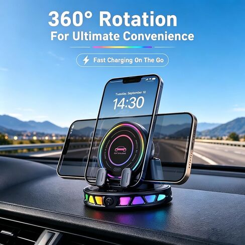 Auto Clamping Car Phone Holder 15W Horizontal Magnetic Wireless Charger Mount 360 Rotation 7 RGB Light Strong Suction Cup Fit iPhone 17 16 15 14 13 12 Pro Max in Kuwait