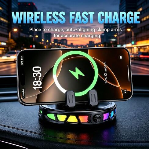Auto Clamping Car Phone Holder 15W Horizontal Magnetic Wireless Charger Mount 360 Rotation 7 RGB Light Strong Suction Cup Fit iPhone 17 16 15 14 13 12 Pro Max in Kuwait