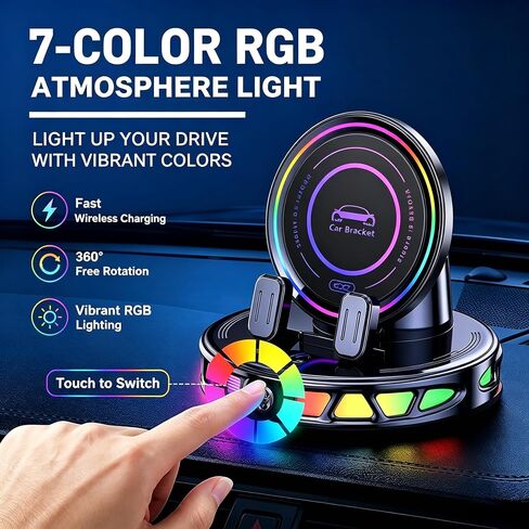 Auto Clamping Car Phone Holder 15W Horizontal Magnetic Wireless Charger Mount 360 Rotation 7 RGB Light Strong Suction Cup Fit iPhone 17 16 15 14 13 12 Pro Max in Kuwait