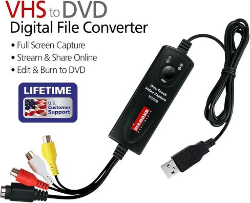 Diamond Multimedia VC500 One Touch VHS to Digital Converter – Capture & Convert VHS to Digital Files or DVD, Easy-to-Use Software, Windows 11,10 & Mac Compatible in Kuwait