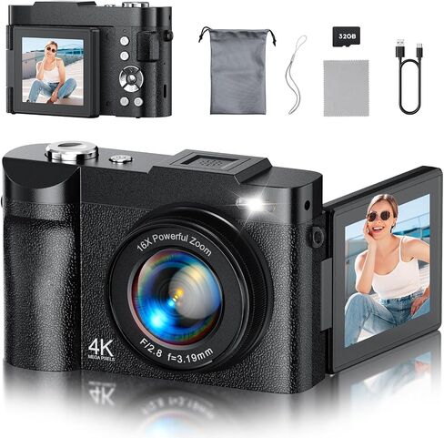 4K Digital Camera for Photography, 50MP Vlogging Camera for YouTube, Compact Cameras with 2.8" 180° Flip Screen, 16X Digital Zoom, Point and Shoot Camera with 32GB SD for Beginners, Travel, Family in Kuwait