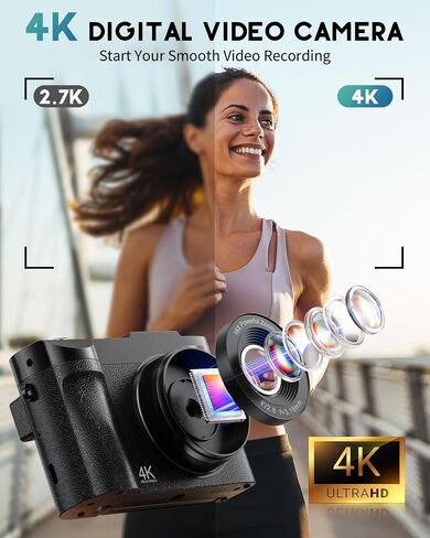 4K Digital Camera for Photography, 50MP Vlogging Camera for YouTube, Compact Cameras with 2.8" 180° Flip Screen, 16X Digital Zoom, Point and Shoot Camera with 32GB SD for Beginners, Travel, Family in Kuwait