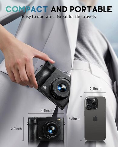 4K Digital Camera for Photography, 50MP Vlogging Camera for YouTube, Compact Cameras with 2.8" 180° Flip Screen, 16X Digital Zoom, Point and Shoot Camera with 32GB SD for Beginners, Travel, Family in Kuwait