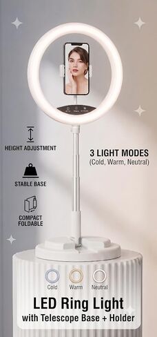 LED Ring 12" Light with Telescopic Base and Cell Phone Holder, White in Kuwait