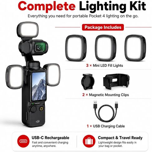 3-Pack Magnetic Fill Light for DJI Osmo Pocket 4, Rechargeable in Kuwait