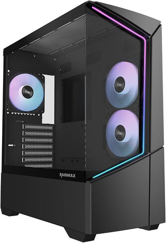 RAIDMAX i812 Panoramic Gaming PC Case, Innovative Tempered Glass Showcase with ARGB LED Stripe Front Panel, 3X 120mm ARGB Fans Pre-Installed, Supports 360mm AIO & 390mm GPU, ATX Mid Tower (Black) in Kuwait