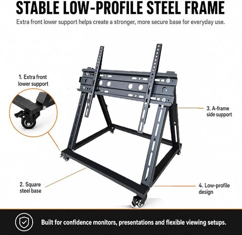Low Height Mobile TV Stand with Wheels, Confidence Monitor Stand for 26-65 Inch TVs, Heavy Duty Rolling Floor TV Cart, VESA 200x200 to 600x600, 30° Tilt, Cable Ties Included in Saudi Arabia