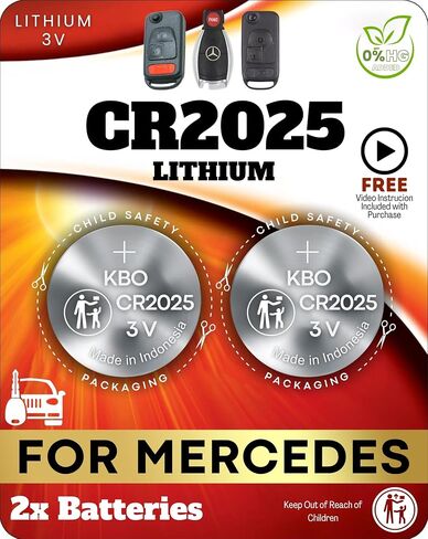 Key Fob Replacement Batteries for Mercedes-Benz CR2025 (2 pack) C-Class, E-Class, ML S-Class, Sprinter, GLC, GL, CLA, CLK, GLE, GLA, SLK, SL, CLS, GLS, R, C300, E350, ML350, C280 - Check Fitment Guide in Kuwait