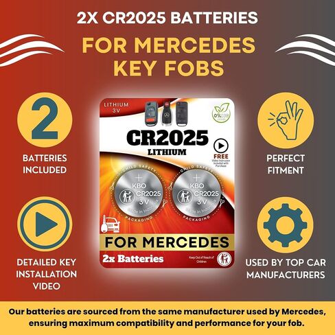 Key Fob Replacement Batteries for Mercedes-Benz CR2025 (2 pack) C-Class, E-Class, ML S-Class, Sprinter, GLC, GL, CLA, CLK, GLE, GLA, SLK, SL, CLS, GLS, R, C300, E350, ML350, C280 - Check Fitment Guide in Kuwait