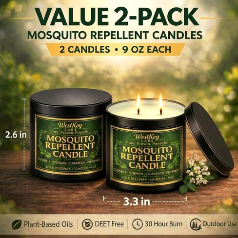 Mosquito Candles for Outside, 2 Pack 9 oz Mosquito Repellent Candles for Patio, Backyard, Porch, Camping & Outdoor Living, Citronella, DEET Free in Saudi Arabia