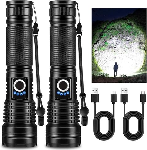 Rechargeable High Power LED Flashlight, 99,000 High Lumens Super Bright Flashlight, 5 Modes IPX6 Waterproof Handheld Flashlights for Home Emergency Camping Hiking（2 Pack） in Kuwait