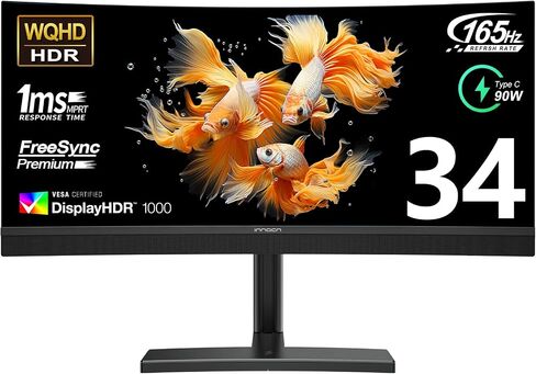 INNOCN 34 Inch Curved Ultrawide Gaming Monitor Mini LED 3440 x 1440p 165Hz PC Computer Gaming Monitor, USB Type C Power Delivery, HDMI, DP, Stereo Speakers, Charger Pad, Black in Kuwait
