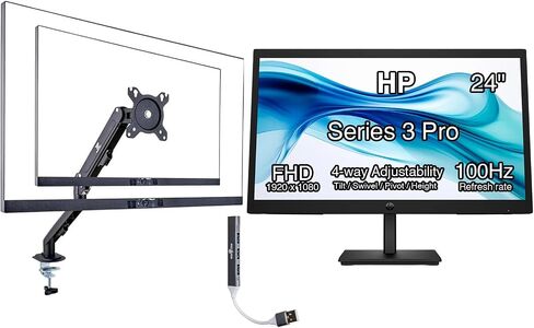 HP Series 3 Pro 324pe 24" 100Hz FHD IPS Monitor with Adjustable Tilt/Swivel/Pivot/Height, Built-in Dual 2W Speakers, VESA Mount (100mm), VGA, Displayport, HDMI w/DKZ Hub, Black (B1GM5AA#ABA) in Kuwait