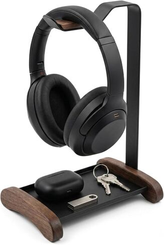 Headphone Stand for Desk with Storage Tray, Walnut Wood Headset Holder and Desktop Organizer for Headphones, Keys, Watches & Accessories, Home Office and Gaming Setup in Saudi Arabia