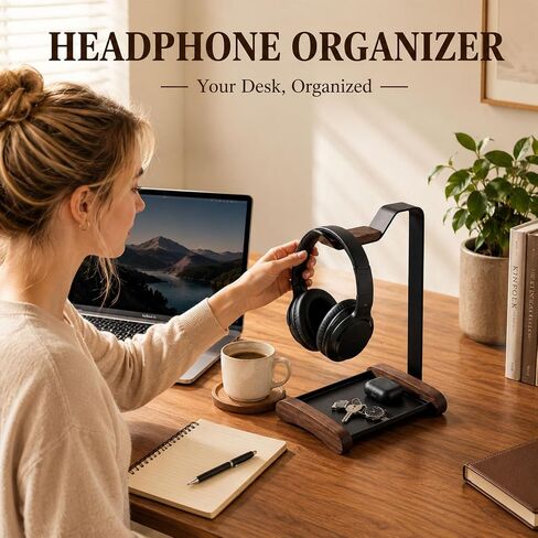 Headphone Stand for Desk with Storage Tray, Walnut Wood Headset Holder and Desktop Organizer for Headphones, Keys, Watches & Accessories, Home Office and Gaming Setup in Saudi Arabia