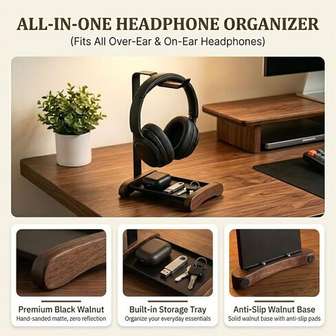 Headphone Stand for Desk with Storage Tray, Walnut Wood Headset Holder and Desktop Organizer for Headphones, Keys, Watches & Accessories, Home Office and Gaming Setup in Saudi Arabia