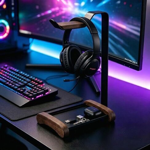 Headphone Stand for Desk with Storage Tray, Walnut Wood Headset Holder and Desktop Organizer for Headphones, Keys, Watches & Accessories, Home Office and Gaming Setup in Saudi Arabia
