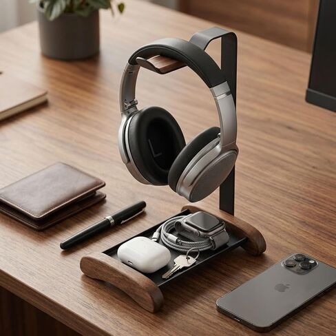 Headphone Stand for Desk with Storage Tray, Walnut Wood Headset Holder and Desktop Organizer for Headphones, Keys, Watches & Accessories, Home Office and Gaming Setup in Saudi Arabia