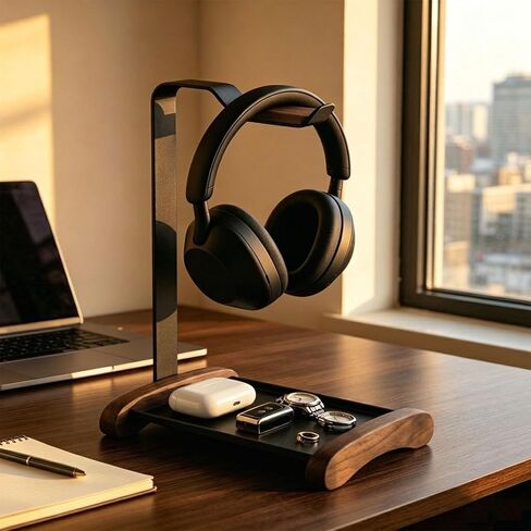 Headphone Stand for Desk with Storage Tray, Walnut Wood Headset Holder and Desktop Organizer for Headphones, Keys, Watches & Accessories, Home Office and Gaming Setup in Saudi Arabia
