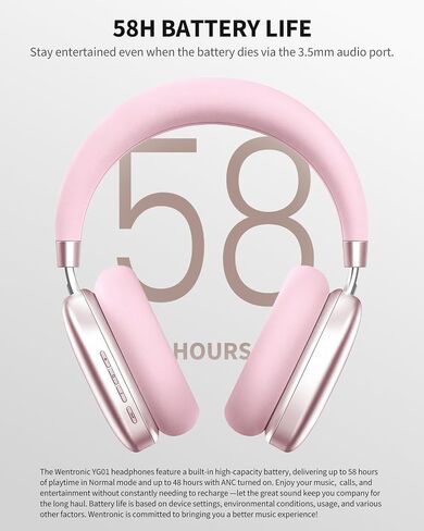 Wentronic YG01 Wireless Over-Ear Headphones, Active Noise Cancelling, Up to 58H Battery Life, Bluetooth 5.3, Great for Travel & Office, USB-C Lossless Audio, Microphone for iPhone Android - Pink in Kuwait