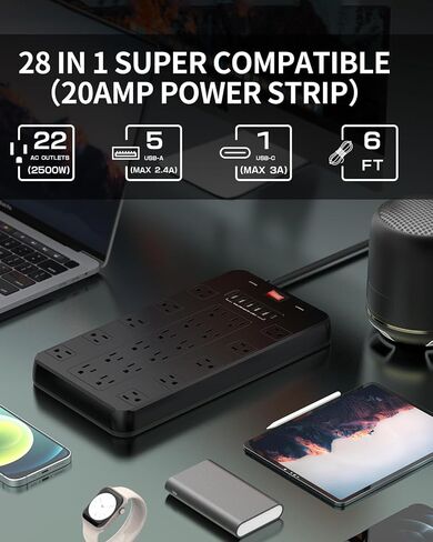 FDTEK 20 amp Power Strip Surge Protector Heavy Duty 22 Outlets 6 FT Cord in Saudi Arabia