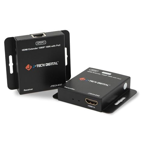 J-Tech Digital HDMI Extender Over Single Ethernet Cat5e/6/7 1080P Up to 1080P 160ft Support PoC 3D Digital Audio, Works with Laptop Desktop, Transmitter and Receiver [JTECH-EX2] in Kuwait