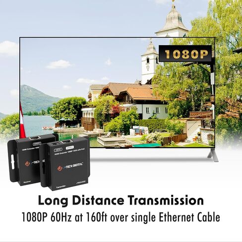 J-Tech Digital HDMI Extender Over Single Ethernet Cat5e/6/7 1080P Up to 1080P 160ft Support PoC 3D Digital Audio, Works with Laptop Desktop, Transmitter and Receiver [JTECH-EX2] in Kuwait
