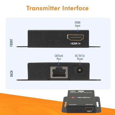 J-Tech Digital HDMI Extender Over Single Ethernet Cat5e/6/7 1080P Up to 1080P 160ft Support PoC 3D Digital Audio, Works with Laptop Desktop, Transmitter and Receiver [JTECH-EX2] in Kuwait