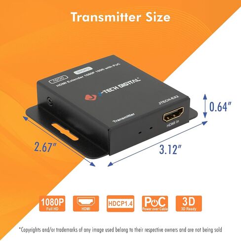 J-Tech Digital HDMI Extender Over Single Ethernet Cat5e/6/7 1080P Up to 1080P 160ft Support PoC 3D Digital Audio, Works with Laptop Desktop, Transmitter and Receiver [JTECH-EX2] in Kuwait