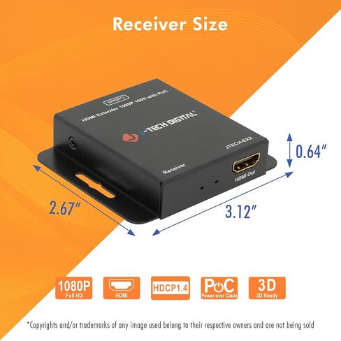J-Tech Digital HDMI Extender Over Single Ethernet Cat5e/6/7 1080P Up to 1080P 160ft Support PoC 3D Digital Audio, Works with Laptop Desktop, Transmitter and Receiver [JTECH-EX2] in Kuwait