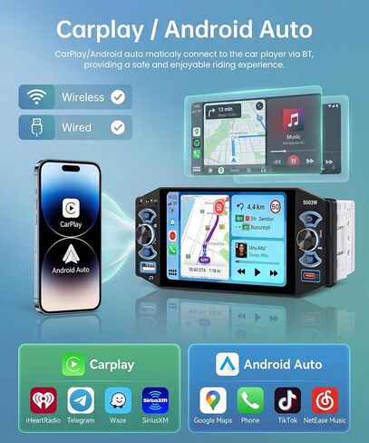 Rimoody 5 Inch Single Din Car Stereo with Wireless Carplay Android Auto in Kuwait