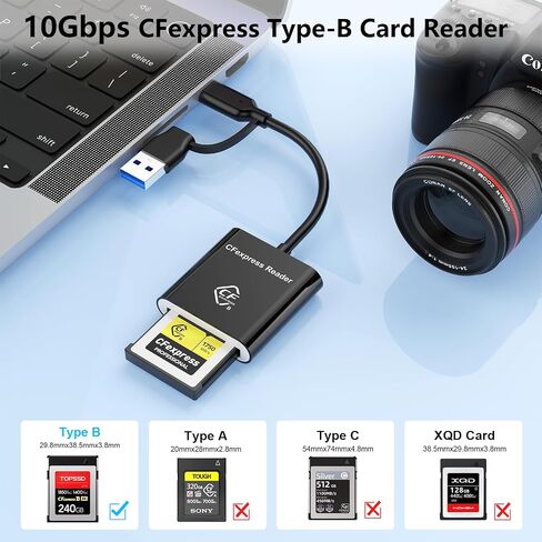 CFexpress Type B Card Reader, USB 3.2 Gen 2 10Gbps, 2-in-1 USB-C & USB-A CFexpress Adapter for iPhone 17/16/15, MacBook, Android, Windows, Linux, Tablets, Cameras (Not for XQD Cards) in Kuwait