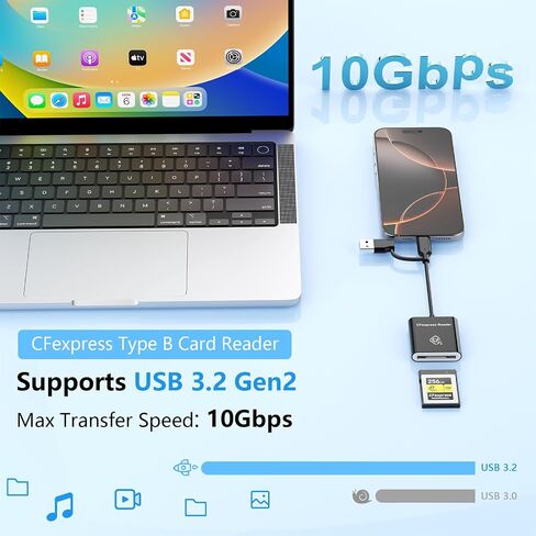 CFexpress Type B Card Reader, USB 3.2 Gen 2 10Gbps, 2-in-1 USB-C & USB-A CFexpress Adapter for iPhone 17/16/15, MacBook, Android, Windows, Linux, Tablets, Cameras (Not for XQD Cards) in Kuwait