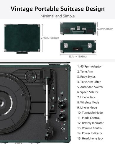 Vinyl Record Player with Speakers Vintage Bluetooth Turntable, Battery Powered 3-Speed Vinyl Player, Retro Suitcase Phonograph, Portable Lp Player RCA Out AUX in Headphone Jack in Saudi Arabia