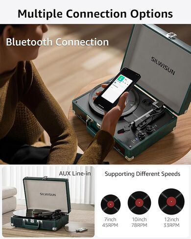 Vinyl Record Player with Speakers Vintage Bluetooth Turntable, Battery Powered 3-Speed Vinyl Player, Retro Suitcase Phonograph, Portable Lp Player RCA Out AUX in Headphone Jack in Saudi Arabia
