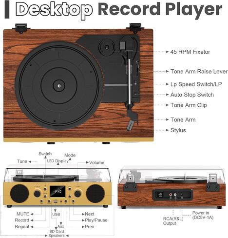 Vintage Walnut Bluetooth Record Player, 3-Speed Turntable in Saudi Arabia