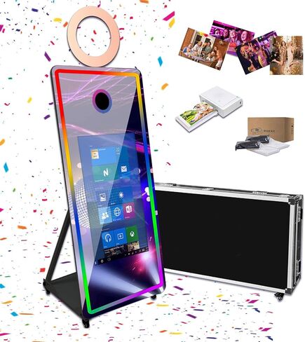 65 inch Portable Mirror Photo Booth,Magic Mirror Selfie Photobooth Stand Machine 32'' Touch Screen with Ring Light and Trolley Flight Case for Parties (Black, Machine+Mini Printer) in Kuwait