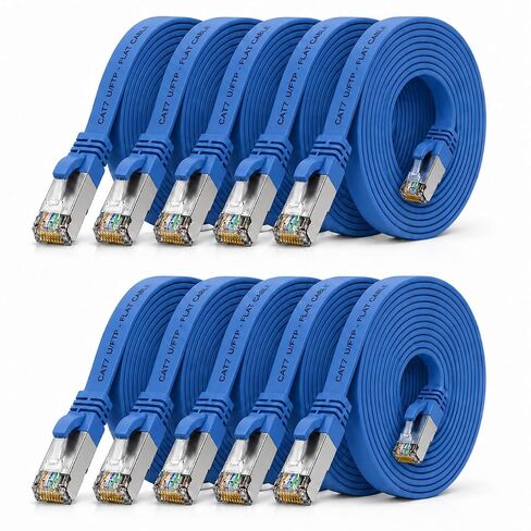 1aTTack.de Cat.7 Gigabit Ethernet LAN Flat Ribbon Cable (RJ45), Network Cable, Raw Cable, (10 Gbit/s) Installation Cable, Flat Slim Compatible with Cat. 5 - CAT. 5e - CAT. 6 Blue - 10 Pieces 0.5m in Kuwait