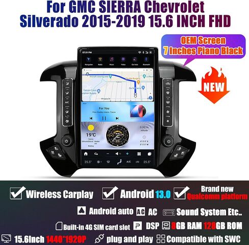 Upgrade AuCar 15.6 Inch Android 13 Car Radio for GMC Sierra Chevrolet Silverado 2015-2019 Head Unit (Only OEM 7" Screen) Wireless Carplay GPS Navigation Multimedia Player (Piano Black) in Kuwait