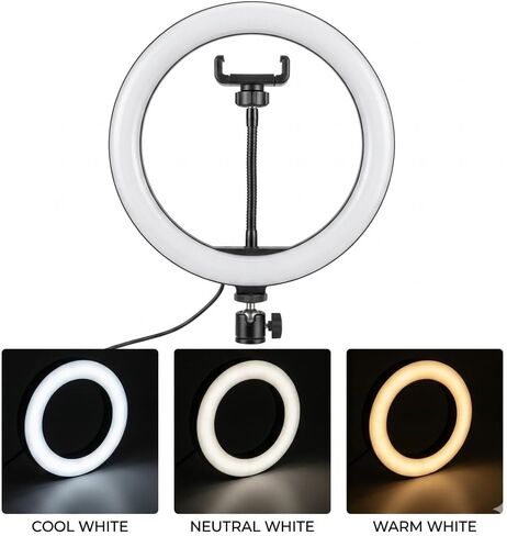 10" LED Ring Light for Studio with Universal Phone Holder and Adjustable Tripod – Professional Dimmable Lighting with 3 Color Modes and 10 Brightness Levels for Streaming, Makeup, and Photography in Kuwait