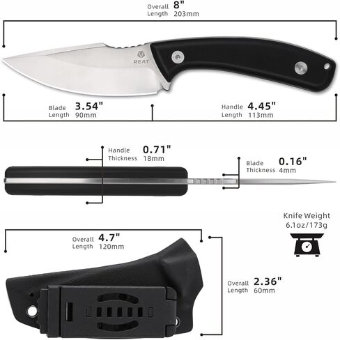 REAT Fixed Blade Knife with Kydex Sheath, 3.5" D2 Steel Blade with Full Tang Design,Ergonomic G10 Handle,EDC Sharp Hunting Knife for Camping,Survival,Bushcraft,Hiking,Gifts for Men,Women in Kuwait