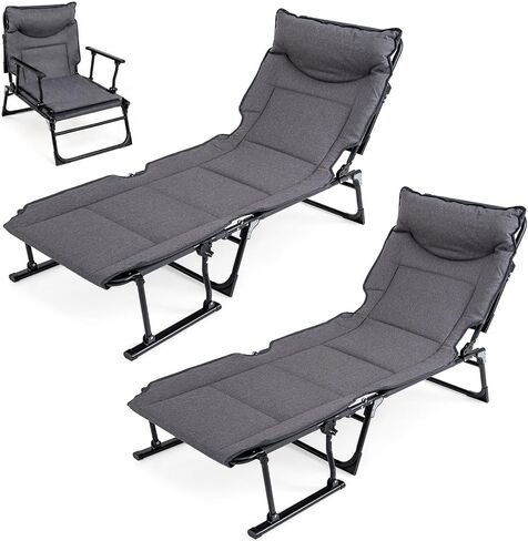 GYMAX 2 in 1 Convertible Lounge Chair Outdoor with Pad, Pillow, 6 Level Adjustable, Heavy Duty 375 LBS Portable Folding Camping Cot for Patio, Lawn, Yard in Saudi Arabia