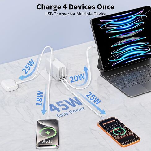 45W Retractable Wall Charger Fast Charging, 4 in 1 Retractable iPhone Charger Wall Plug Fast Charging Foldable Block with Dual USB C Cable, Multiport Charging for iPhone 17 Pro Max/16/15,iPad Pro/Air in Kuwait