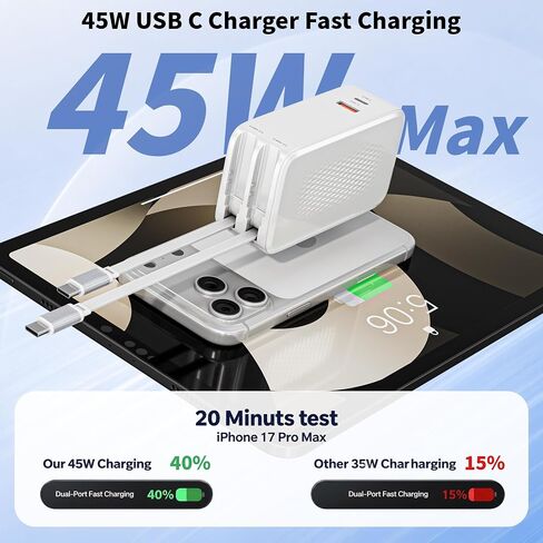 45W Retractable Wall Charger Fast Charging, 4 in 1 Retractable iPhone Charger Wall Plug Fast Charging Foldable Block with Dual USB C Cable, Multiport Charging for iPhone 17 Pro Max/16/15,iPad Pro/Air in Kuwait