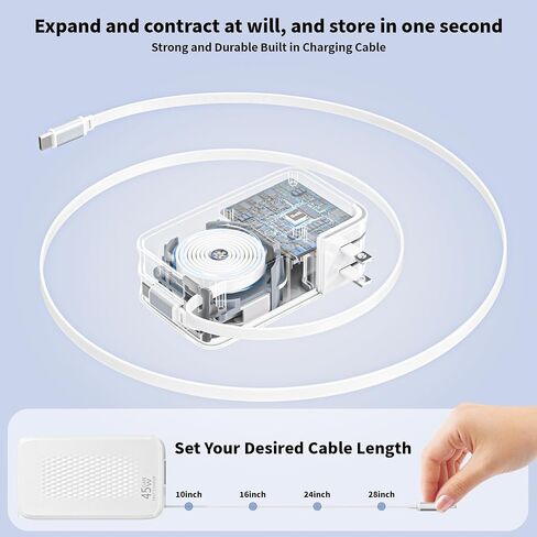45W Retractable Wall Charger Fast Charging, 4 in 1 Retractable iPhone Charger Wall Plug Fast Charging Foldable Block with Dual USB C Cable, Multiport Charging for iPhone 17 Pro Max/16/15,iPad Pro/Air in Kuwait