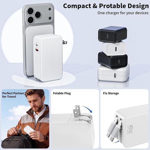 45W Retractable Wall Charger Fast Charging, 4 in 1 Retractable iPhone Charger Wall Plug Fast Charging Foldable Block with Dual USB C Cable, Multiport Charging for iPhone 17 Pro Max/16/15,iPad Pro/Air in Kuwait